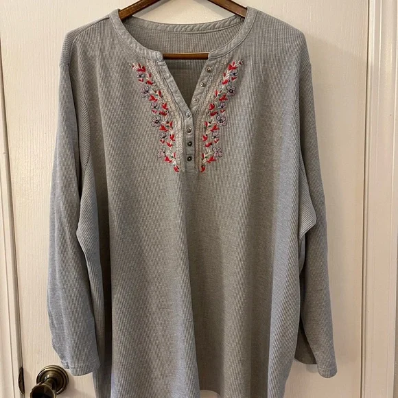 Woman Within Light Gray Embroidered Long Sleeve Tee - Picture 1 of 2